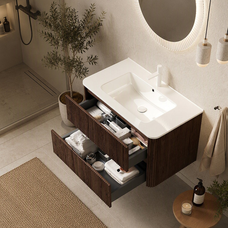 Meuble-lavabo de 36 po avec lavabo, armoire de rangement murale en contreplaqué flottant avec 2 tiroirs en céramique, sans robinet, pré-assemblé