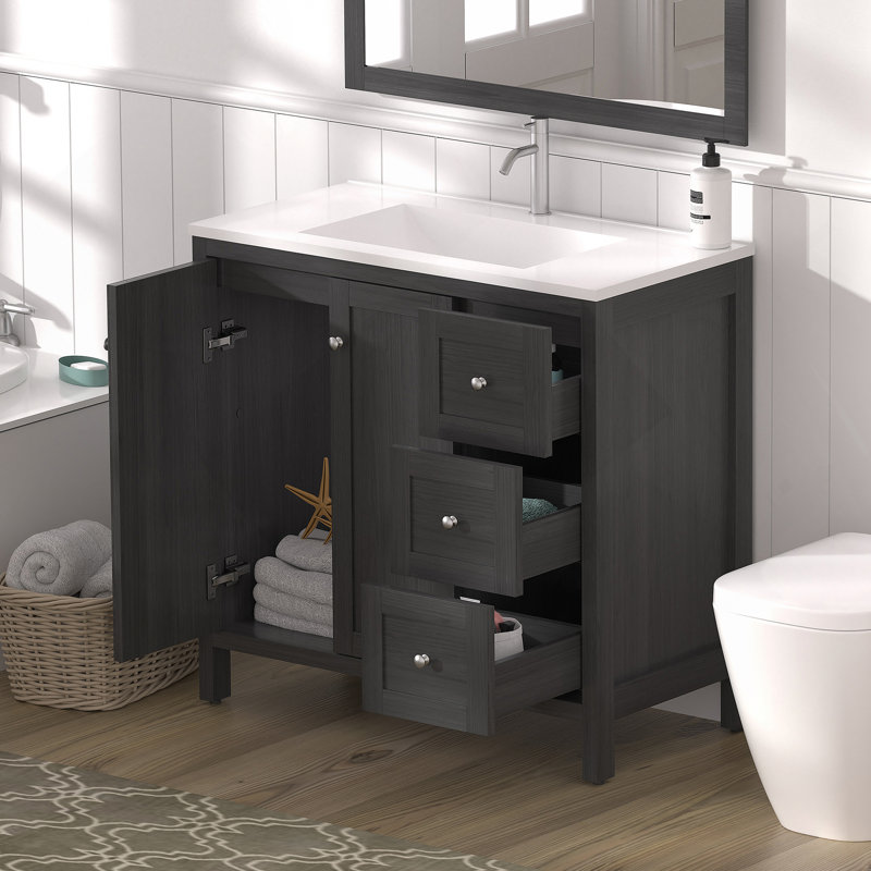 Meuble-lavabo moderne avec lavabo 35,5 po, armoire de rangement pour salle de bain avec portes à fermeture douce et 3 tiroirs, noir Munich