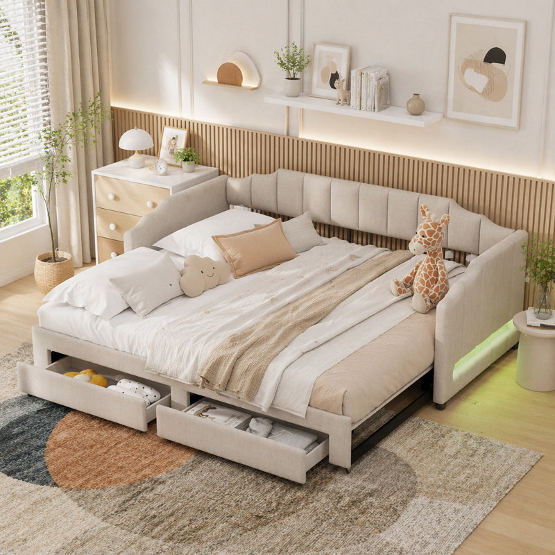 Lit de jour rembourré simple TG à très grand lit avec DEL et tiroirs, beige, Beige