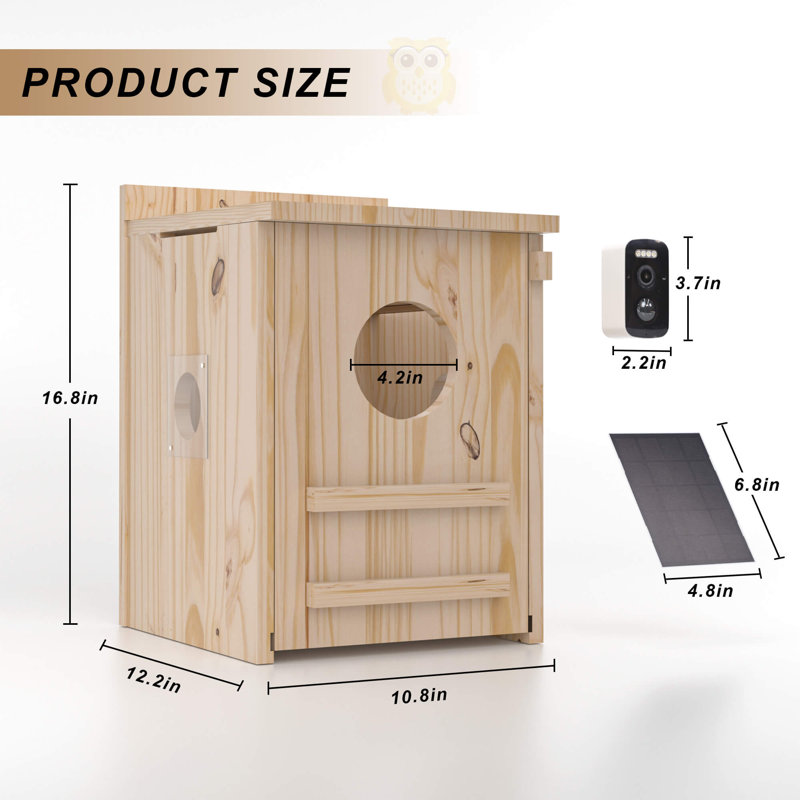 Smart Owl House With Camera, Outdoor Hanging Natural Wooden Owl Nesting Box, Solar Powered, Real-time Viewing And Motion Detection, Includes Mounting Screws, Easy To Assemble, Perfect Present For Owl Enthusiasts (brown, 10.8×12.2×16.8 Inch)