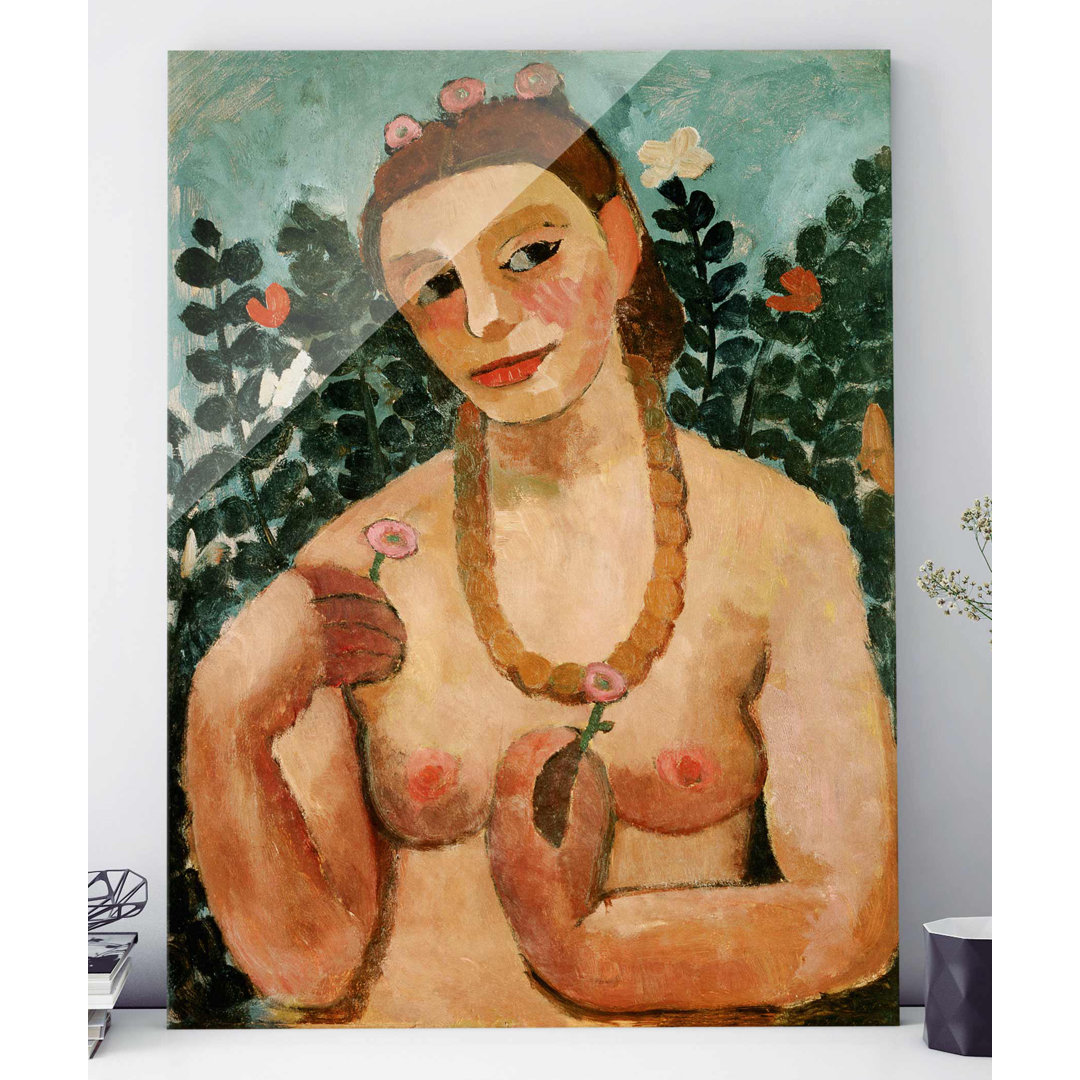 Glasbild Self Portrait 1906, Half Nude with Amber Necklace von Paula Modersohn-Becker