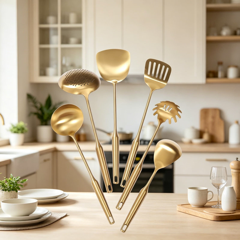 Ensemble d'ustensiles de cuisine 7 pièces en acier inoxydable avec support, 304 outils de cuisson de qualité comprenant une louche, une cuillère, une spatule, une fourchette à pâtes, des accessoires de finition en laiton durables et élégants pour les chefs de maison