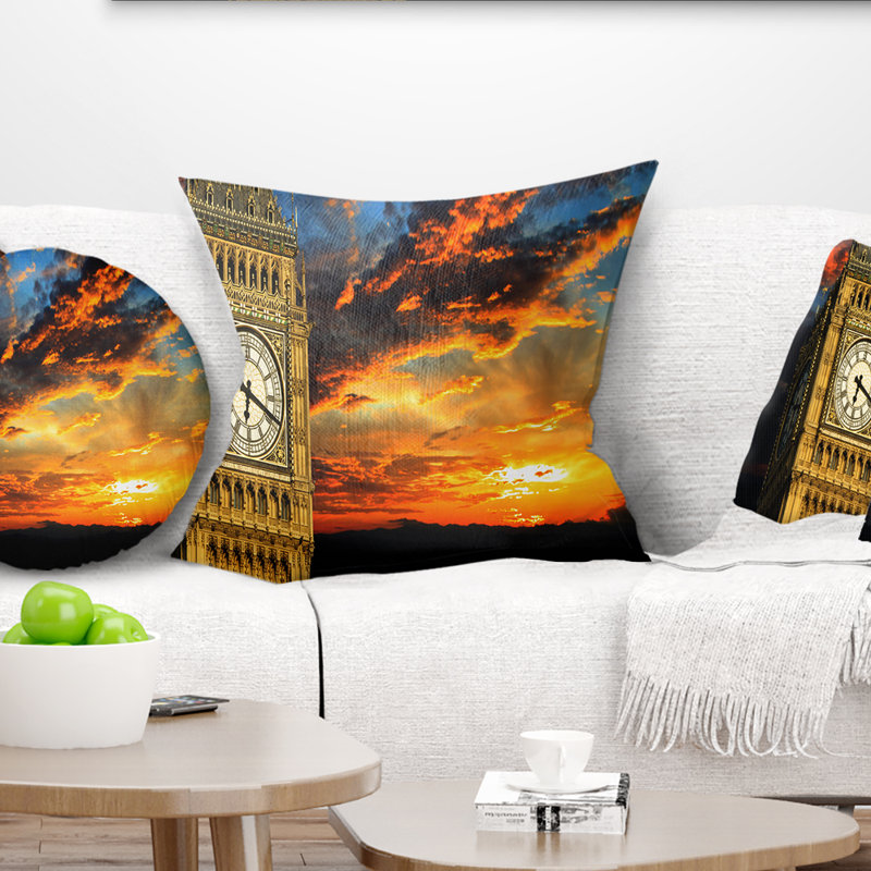 Paysage, paysage de Big Ben, Londres, au coucher du soleil, coussin panoramique, 18 po x 18 po, Carré