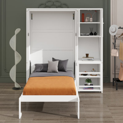 Lit escamotable mural simple avec bibliothèque, armoire supérieure, bureau extensible et rangement latéral