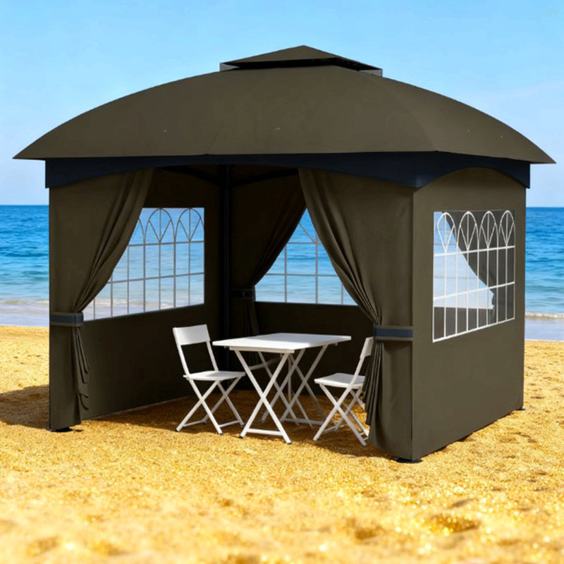 Pavillon de jardin à double toit élégant, pavillon de jardin extérieur avec rideaux, fenêtres d'églises