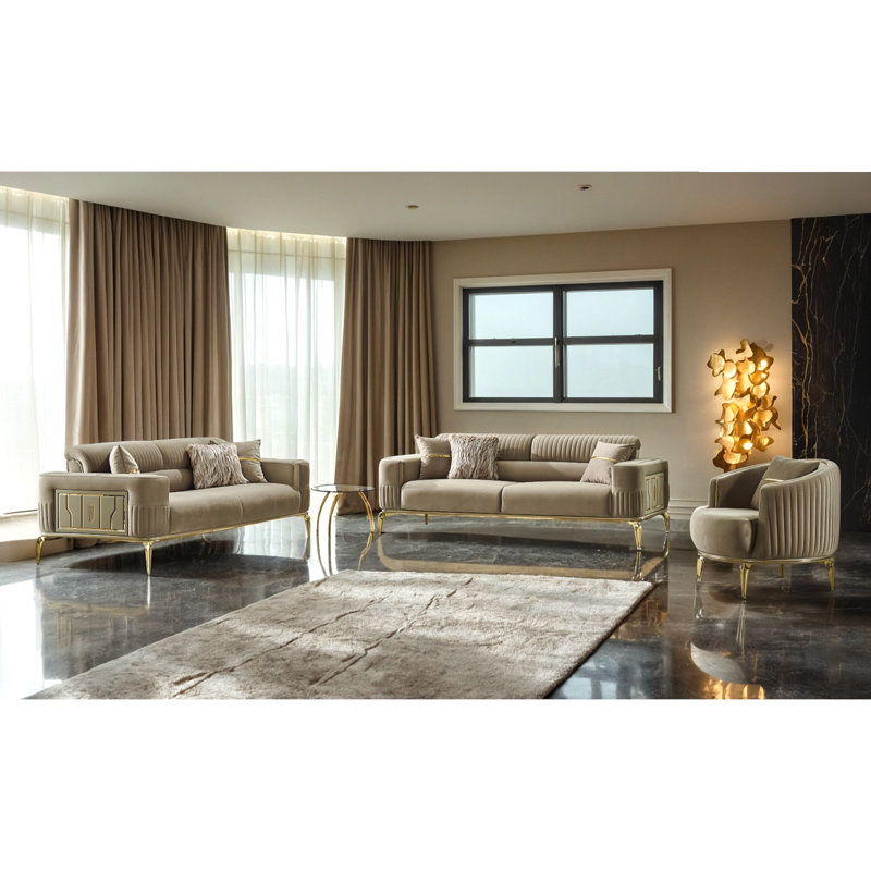 Ensemble de salon en velours 3 pièces Jantien, Velours beige