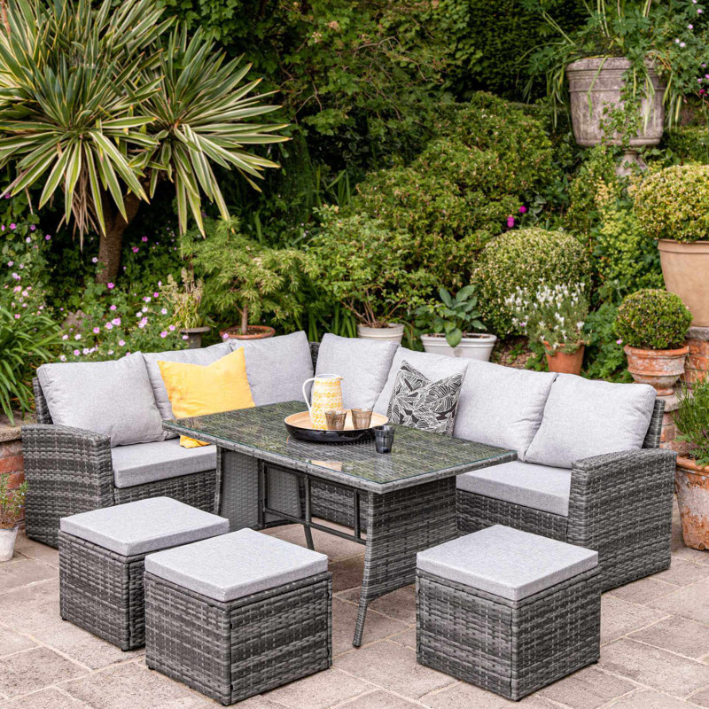 Bernardina Rattan 9 - Person Seating Group with Cushions and LED Premium Parasol, Cream, Grey