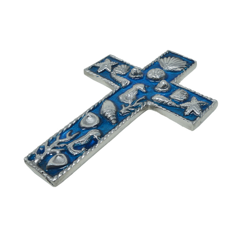 Pewter Cross With Enamel Inserts Ocean Themed
