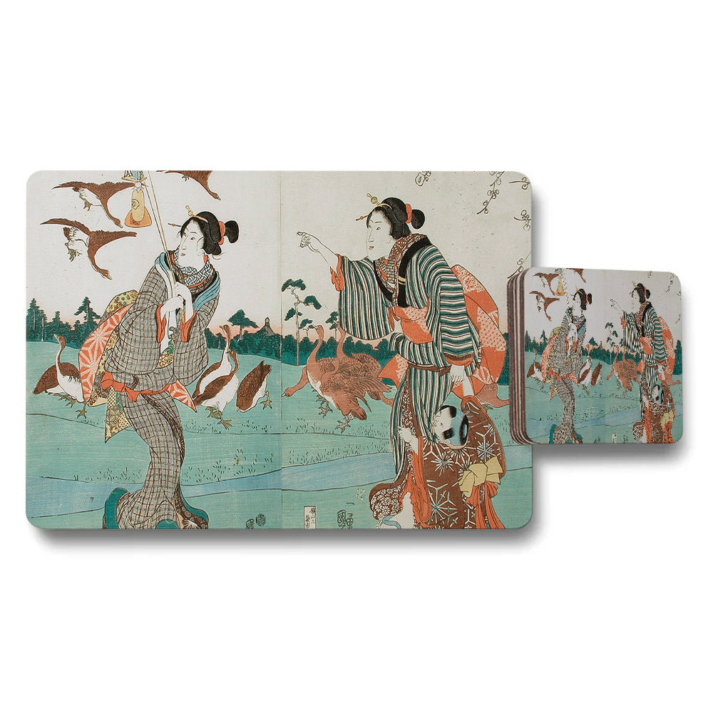 Japanese Ukiyoe Placemat And Coaster Set Featuring Crane Scene