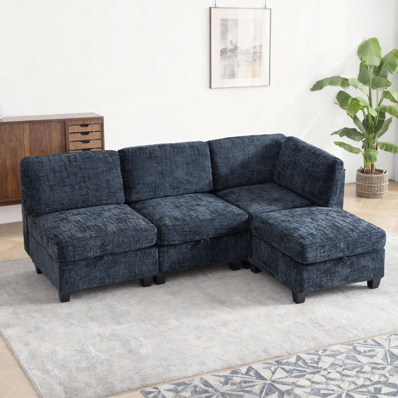 Canapé modulaire 92 po avec rangement et housses amovibles, canapé convertible en forme de L 4 places avec repose-pieds mobile, canapé modulaire prêt pour le sommeil