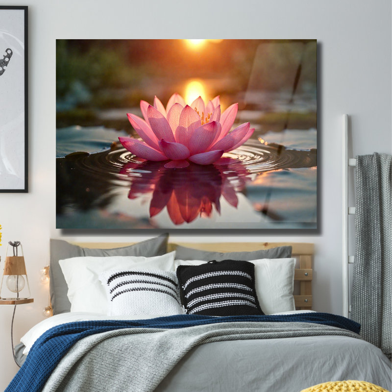 Fleur de lotus rose au coucher du soleil, tableau en verre trempé, H 18 po x l 24 po