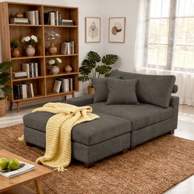 Upholstered Camel Chenille Modular Chaise Lounge with Armrests & Throw Pillows