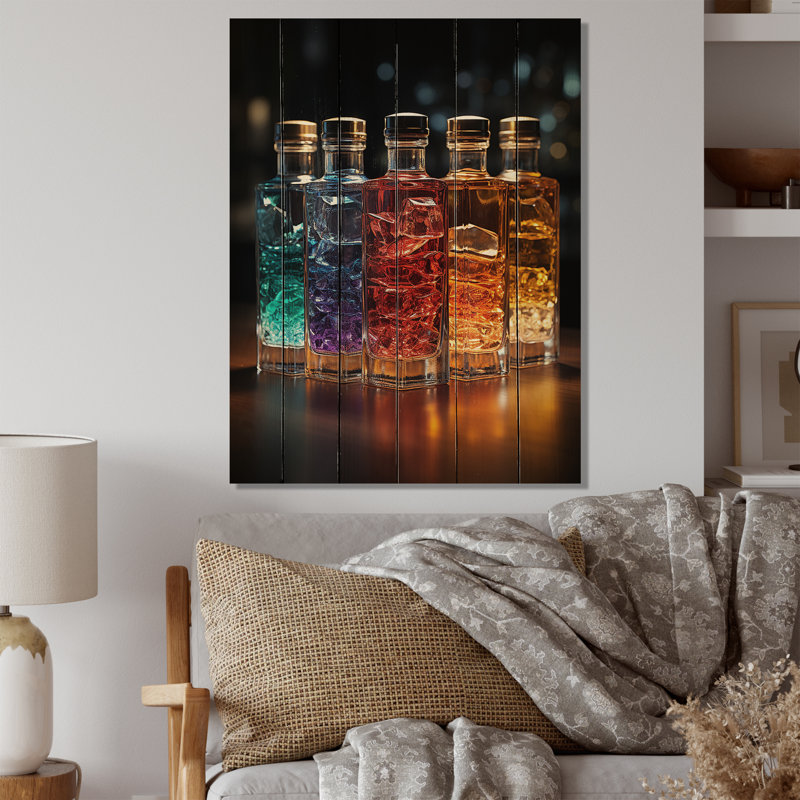 Liquor Spirit Drops Bottles I On Wood Print, H 20 po x l 10 po x P 0,78 po