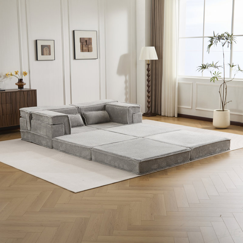 Canapé à compression Mahjong, canapé-lit convertible au sol, canapé modulaire désossé DIY, sans assemblage, molleton circulaire, surdimensionné 2 places avec repose-pieds, gris clair
