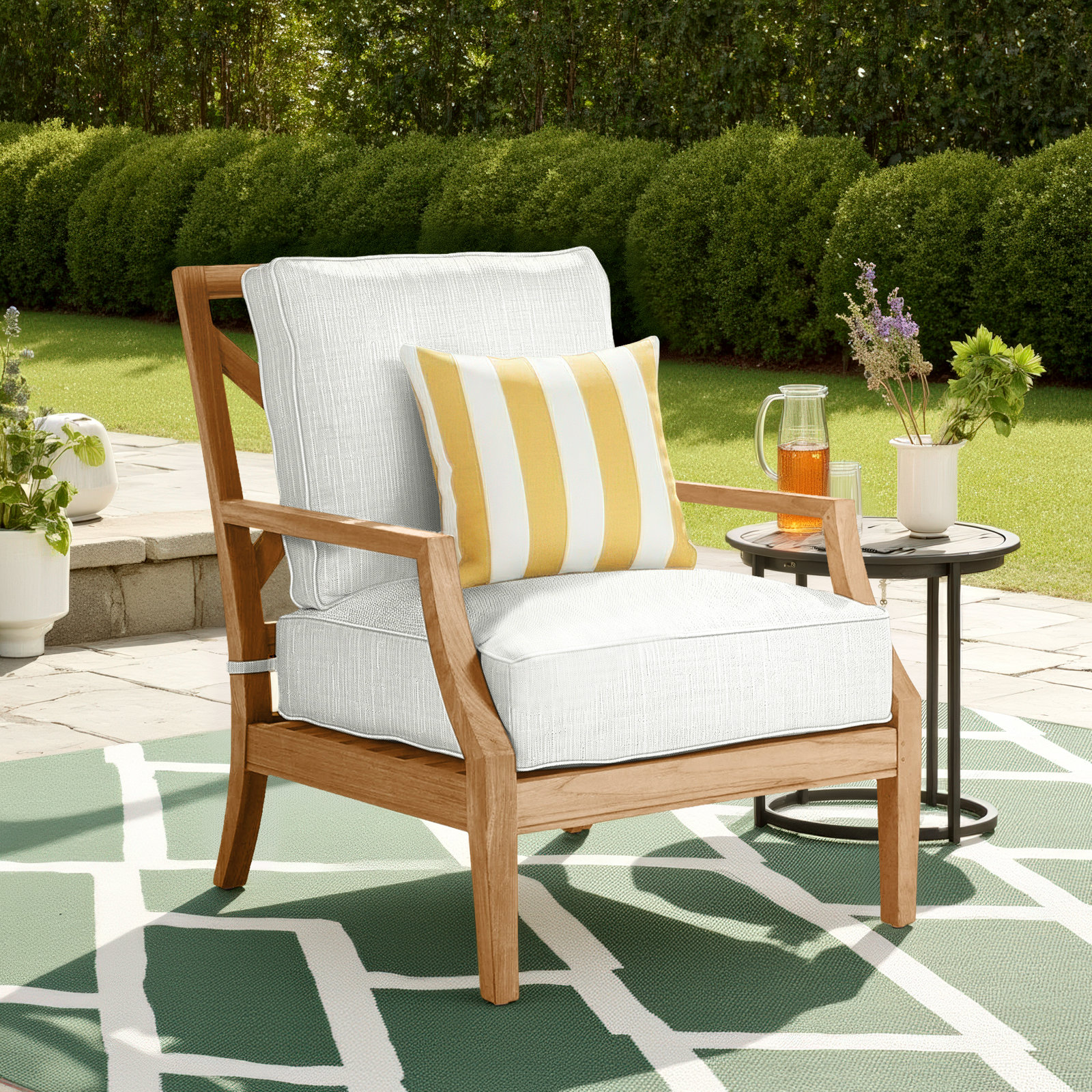 Haley Sunbrella® Patio Lounge Chair, Welt + Standard fill, Verona Silver Sunbrella®, Natural Teak