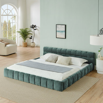 Structure de lit tapissier avec tissu chenille épais, lit plateforme avec tête de lit et structure solide. Aucun sommier tapissier requis