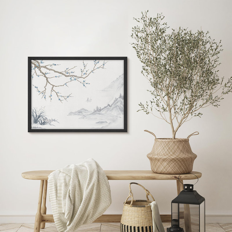 «Delicate Plum Blossoms and Misty Mountains in Ink Wash Style», affiche encadrée rustique, H 11 po x l 14 po