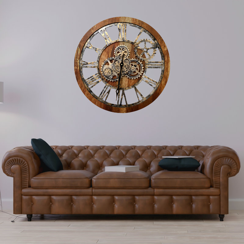 Horloge murale ronde surdimensionnée de 24 po pour le salon avec la collection America, Brun rétro