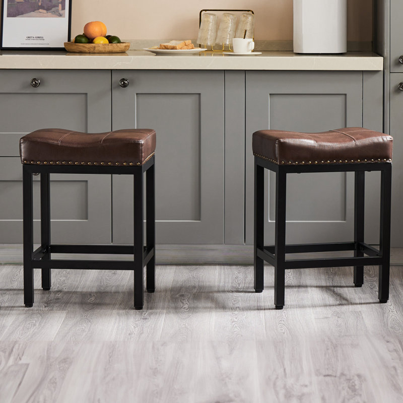 Tabouret de table, tabouret, tabouret de salon, structure en acier, coussin de siège en cuir, paquets, Tanné