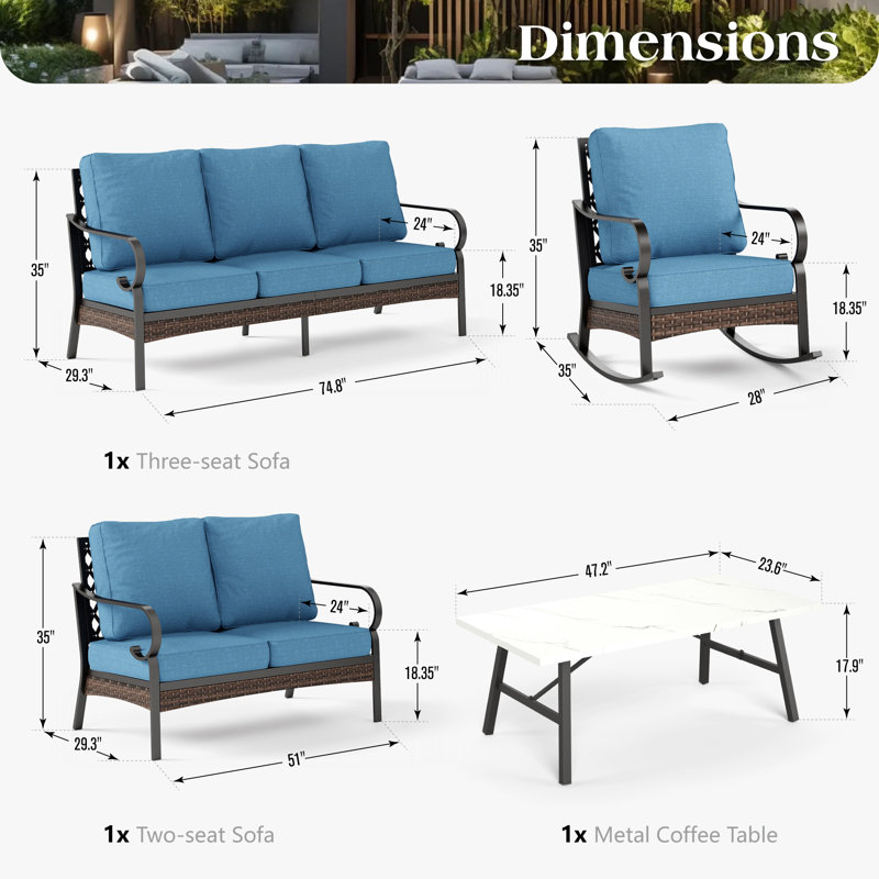 Ensemble de conversation pour l'extérieur 7 personnes avec causeuse et chaises berçantes, Bleu denim