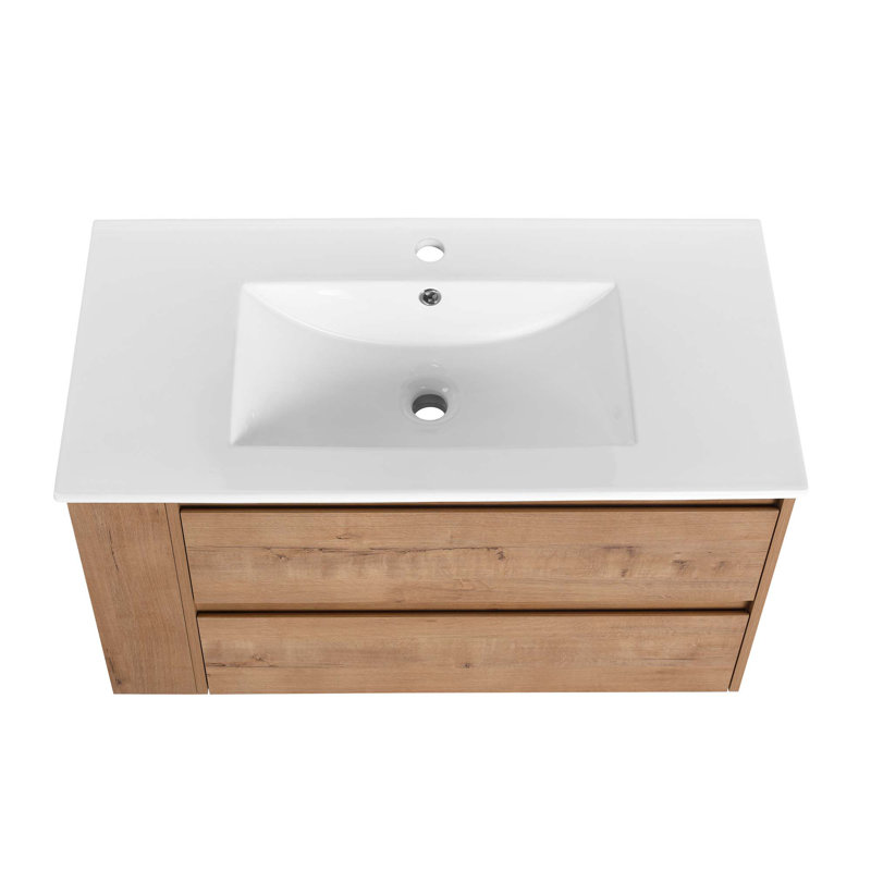 Meuble-lavabo mural avec lavabo en céramique, tiroir à fermeture en douceur, Chêne, 36"