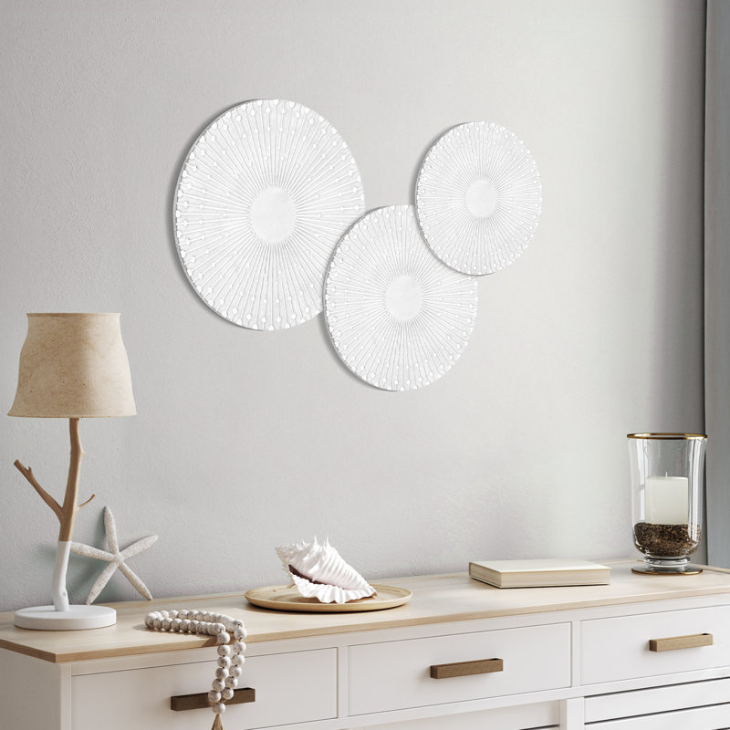 Abstract Sunburst Carved Distressed Wall Plaque Decor, 3 Piece Set, White