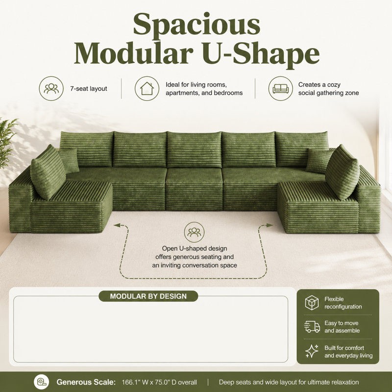 Canapé modulaire Cloud Schum de 166 po, canapé en velours côtelé en U minimaliste moderne, canapé de salon à 7 places, aucun assemblage requis, tissu en velours côtelé moelleux