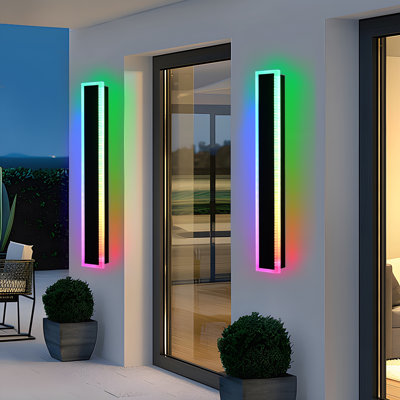 2 Pack 40In Long Outdoor LED Wall Lights IP65 Waterproof Modern RGB Exterior Wall Light Fixture Black For Courtyard Garage Patio Porch, Remote Control Included. Integrated LED Bulbs Included.