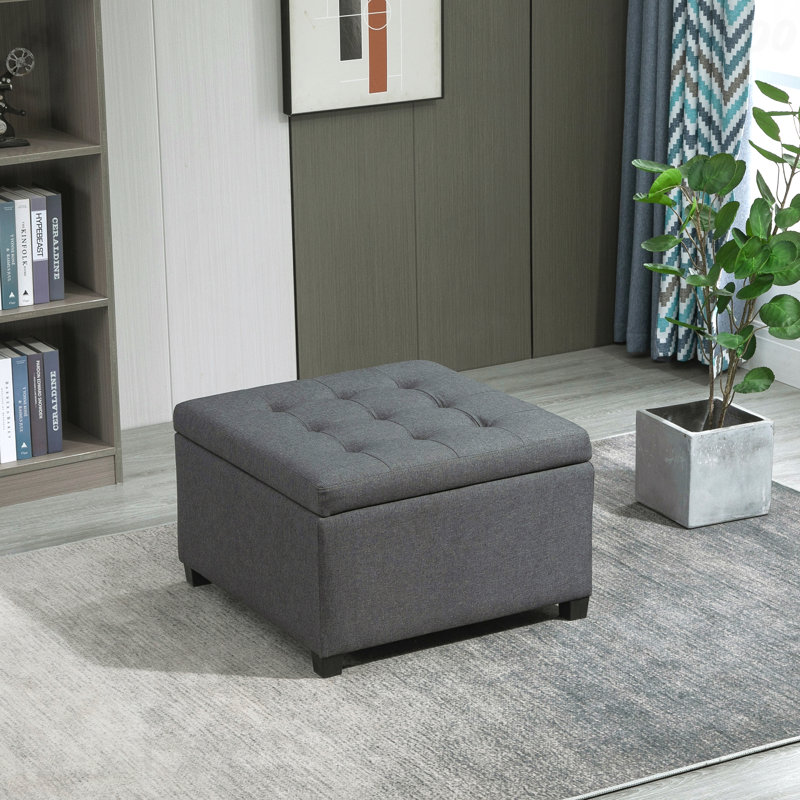 Fabric Upholstered Tufted Storage Ottoman - Flip Top Seat Lid, Metal Hinge, Eucalyptus Wood Frame