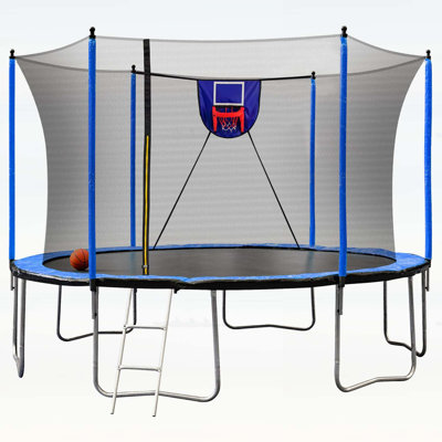 Trampoline 15 pi avec panier de basketball, gonfleur, échelle et 6 douilles de sécurité supplémentaires - bleu