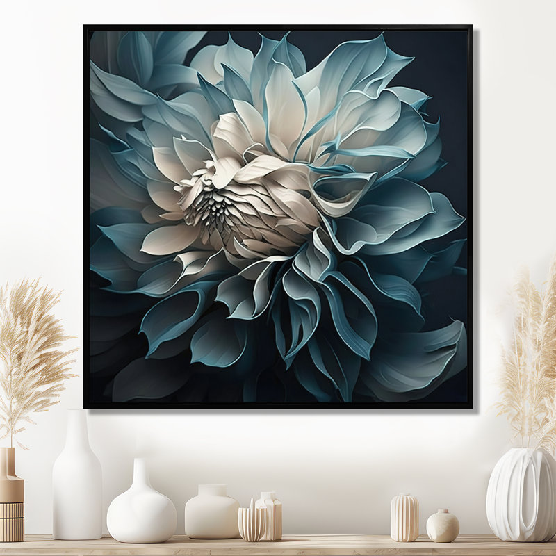 Fleurs de dahlia bleues et blanches I - Dahlia, 44" H x 44" W, Reproduction avec cadre flottant, Noir
