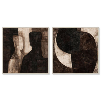 Duality of Forms Set Canvas Print Beige Wall Decor Set by Art Remedy, Silver Frame, 12 x 12