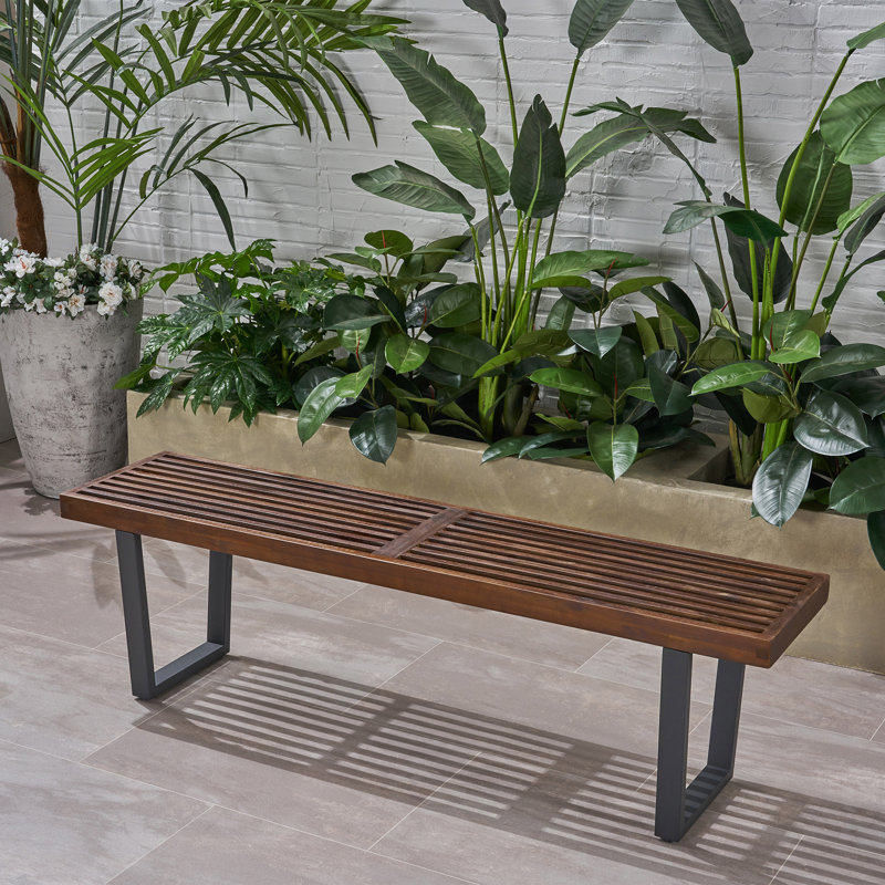 Banc de patio JOA, bois d'acacia avec pieds en fer, moderne, contemporain, brun foncé et noir