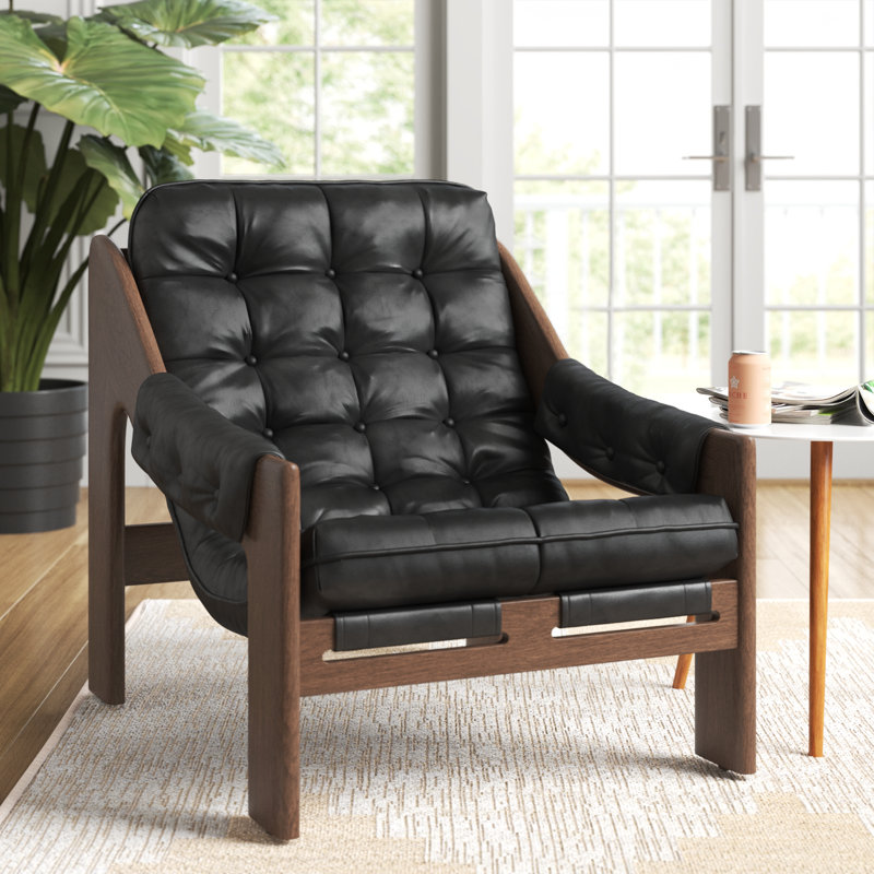 Tuckerman Upholstered Armchair, Heirloom Black Genuine Leather, Terra Brown Ash
