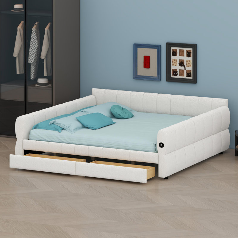 Lit tapissier moderne avec connectivité USB et tiroirs de rangement intégrés, Blanc