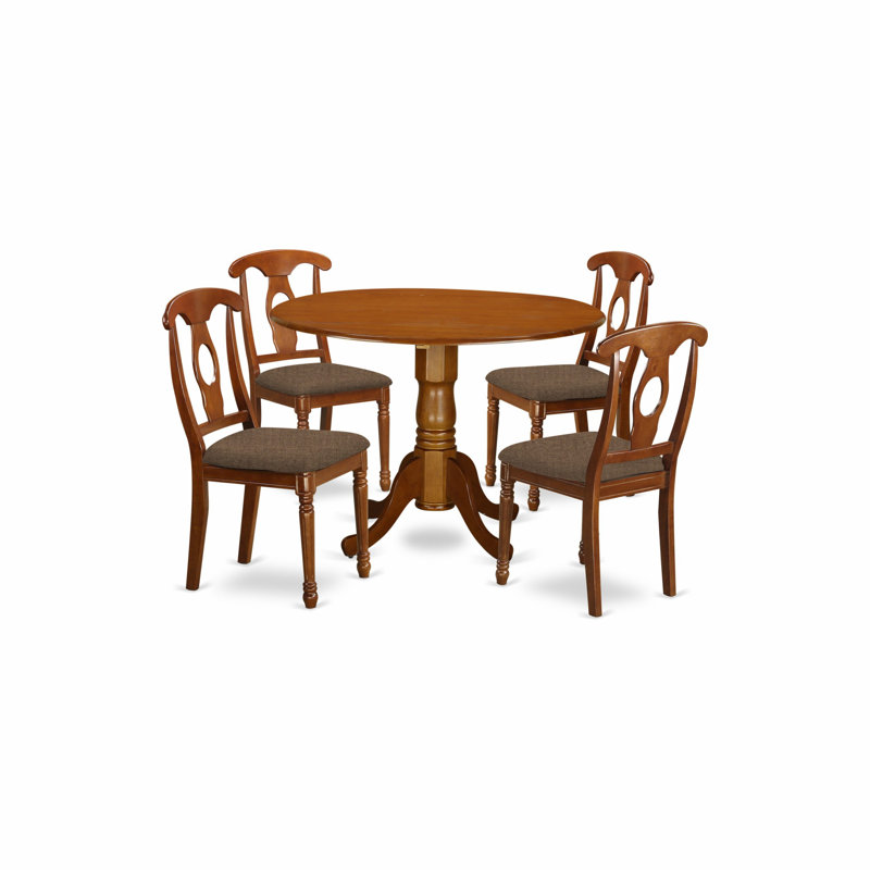 Maytham Solid Wood Top Pedestal Dining Set, 5 Pieces: Table, 4 Chairs, Saddle Brown with cushion