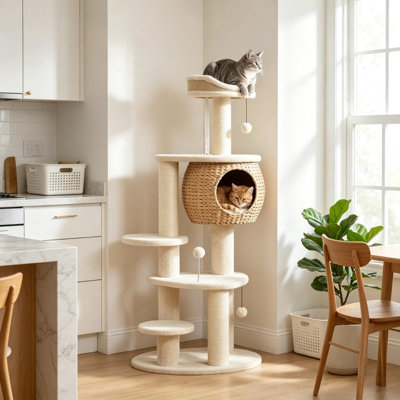 Arbre à chat multiniveaux de 132 cm (52 ​​pouces), niche tressée à la main avec poteaux à griffer et balles à suspendre pour chats d'intérieur