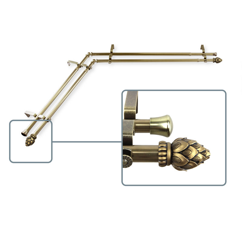 Tringle à rideaux d'angle pour fenêtre double, Laiton antique, L 120 po x l 70 po