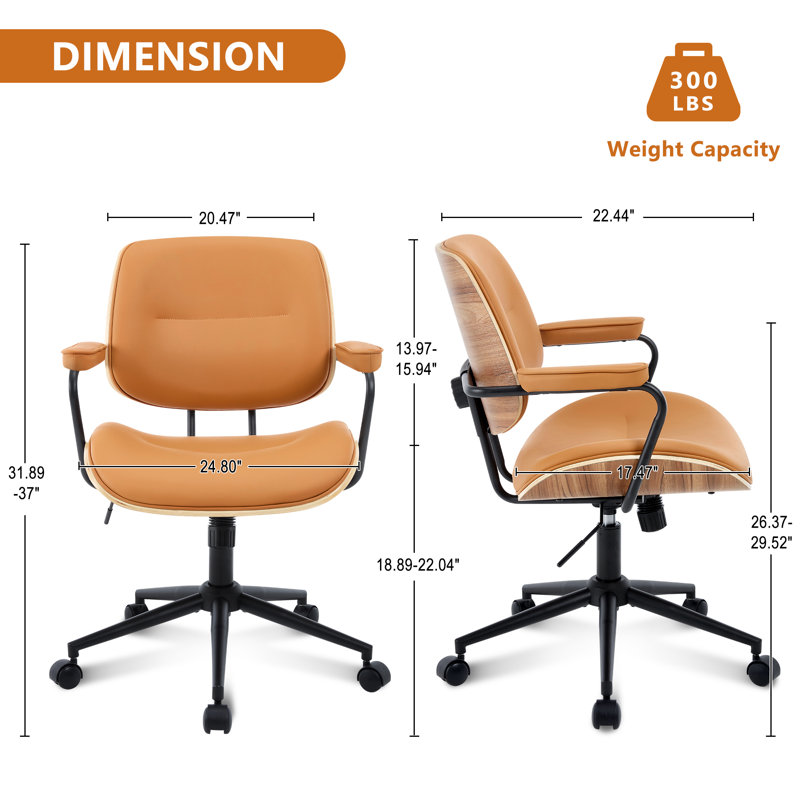 Chaise de bureau rembourrée pivotante à dossier réglable, Dossier réglable, Brun