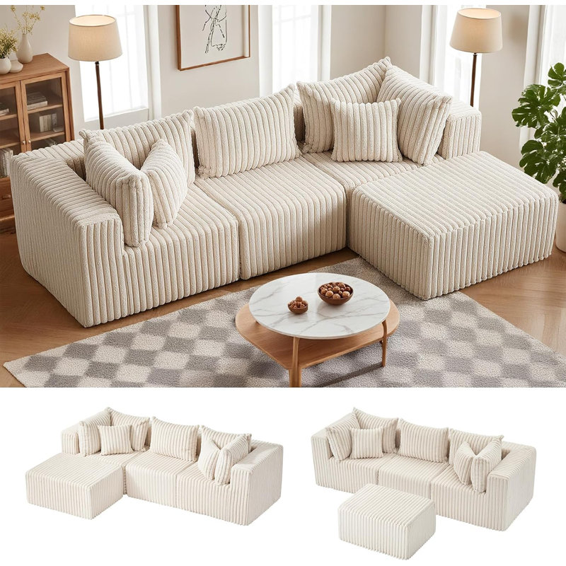 104 Inch Cloud Couch Sectional,Corduroy Boneless Couches For Living Room,L-Shaped Modular Sectional Sofa With Removable Ottoman And Deep Seat,No Assembly Required,Beige