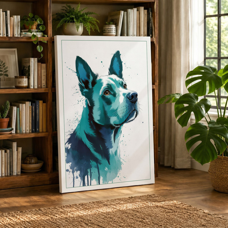 Attentive Dog in Teal Modern 1 Piece Wrapped Canvas Wall Art, 36x24 - 91.4 x 61.0 cm, Taupe Border