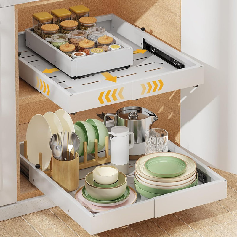 Pull-Out Cabinet Organizer, 2-Pack – Expandable 12–20” Width, 16–22” Depth, Slide-Out Roll-Out Drawers With 3 Rails