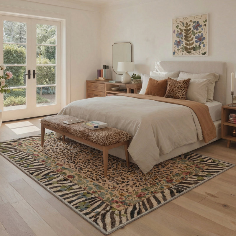 Liora Boho Leopard Floral Machine Washable Brown / Green / Beige Indoor Area Rug with Non-Slip Backing, Round 5'