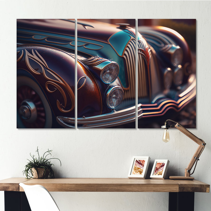Gros plan sur une voiture rétro classique VI, reproduction sur toile 3 pièces, L 36 po x H 28 po, Toile tendue