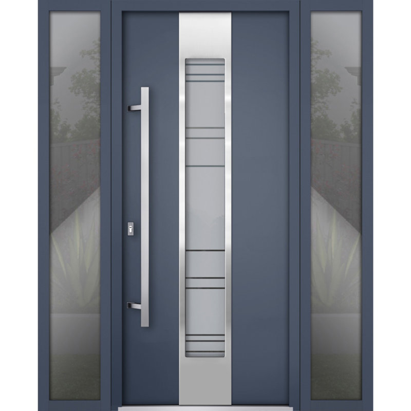 Porte d'entrée extérieure prémontée en acier Deux 0757 Gris Graphite, 2 fenêtres latérales extérieures, inserts en acier inoxydable, style moderne, peinte - L 16 + 36 + 16 x H 80 - Ouverture à gauche vers l'intérieur