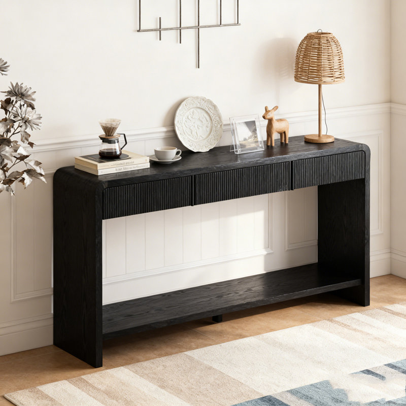 3-Drawer Console Table with Vertical Slats, Black