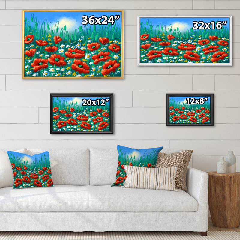 Paysage coquelicots - sur, H 8 po x l 12 po x P 1 po, Cadre flottant doré