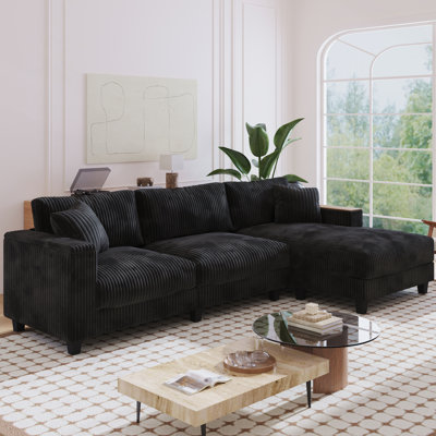 114.5'' Corduroy Couch with 2 Pillows, L-Shaped Sectional Sofa with Reversible Chaise and Hidden Storage for Living Room