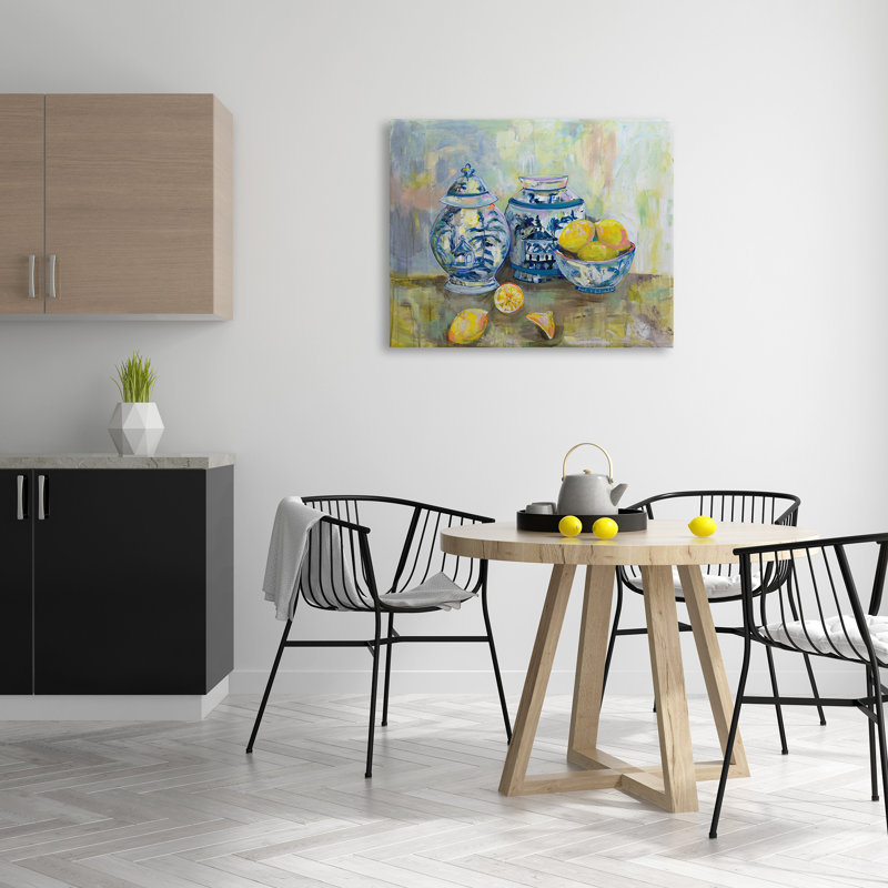 Citrons et poterie, peinture d'art classique sur toile par Jeanette Vertentes, H 30 po x l 40 po