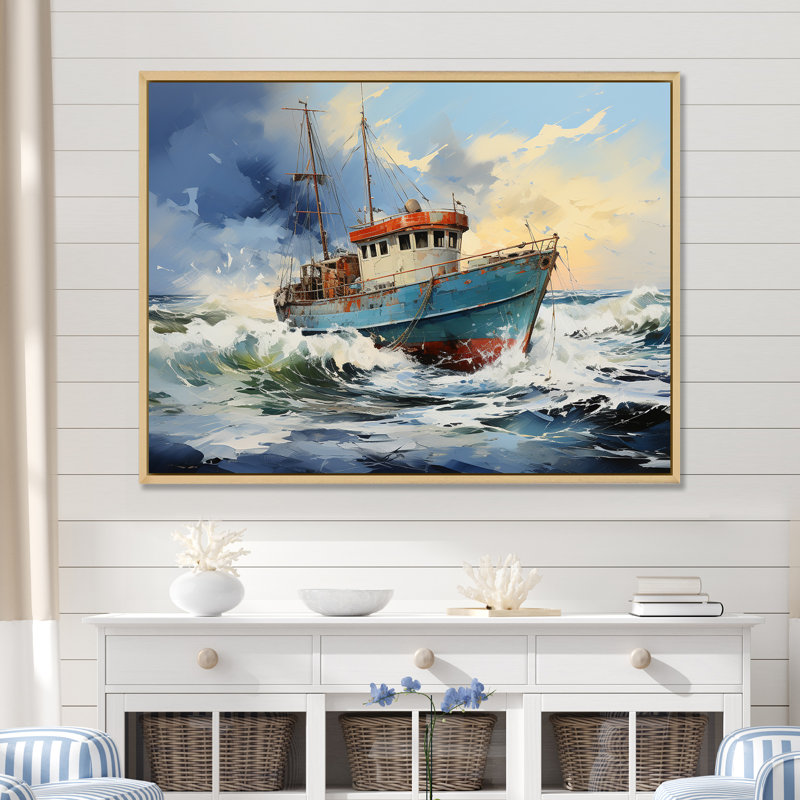 Nautique, aventure nautique - Bateau côtier, art mural, Cadre flottant brun, H 16 po x l 32 po x P 1 po